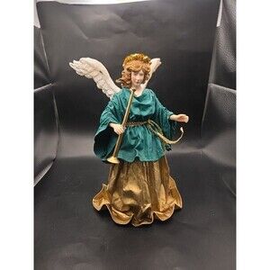 Vintage Kurt S Adler 11 Inch Fabric Mache Green Angel With Horn Tree Topper